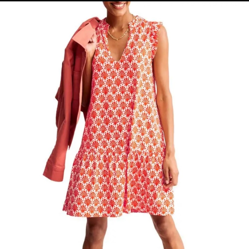Boden Coral and White Printed Sleeveless V-Neck Dress